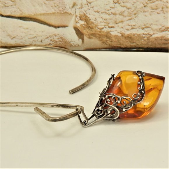 HUGE AMBER STERLING PENDANT WITH MEXICO SILVER WIRE, RARE GIFT FOR WOMEN - Picture 4 of 13